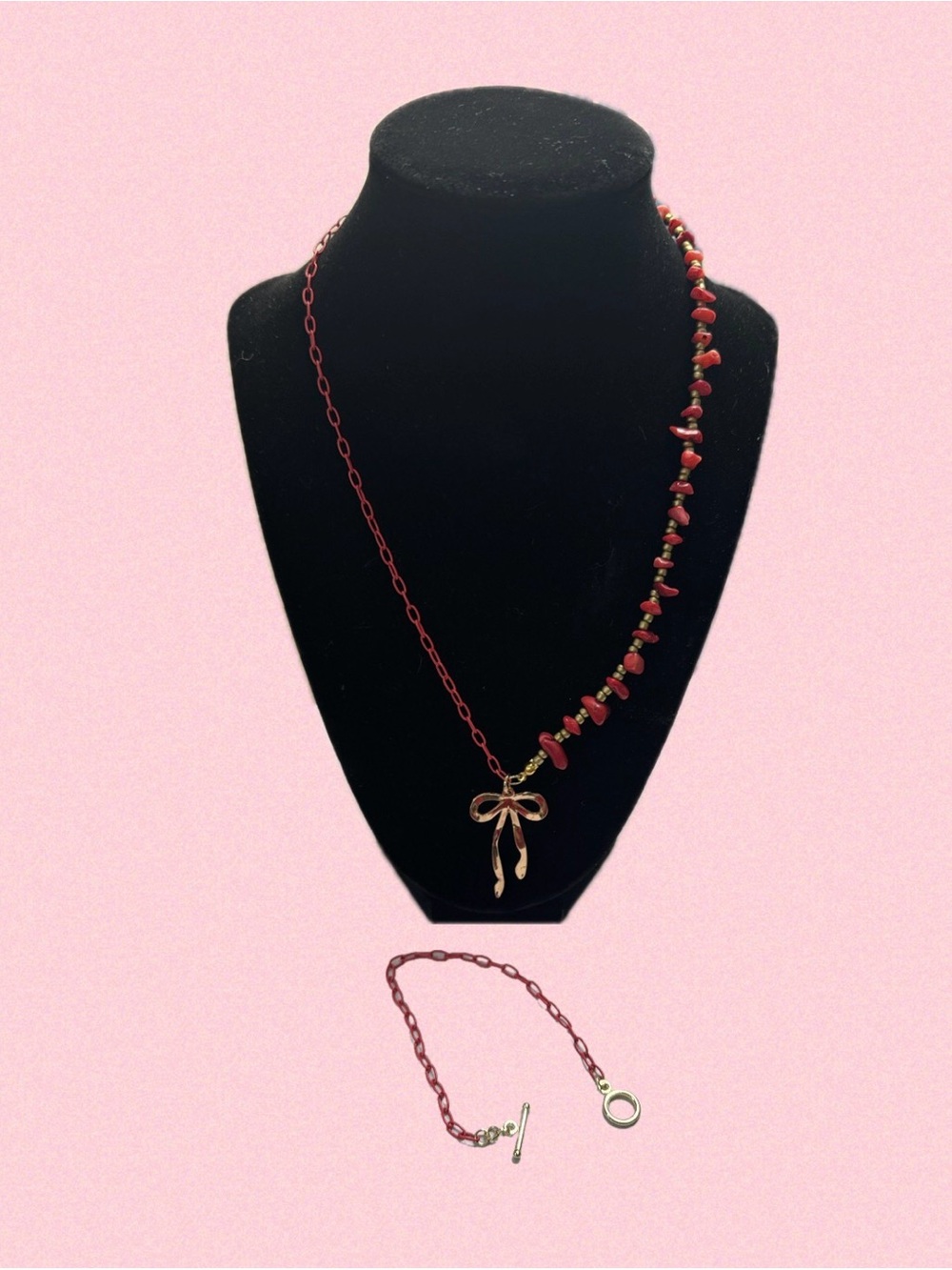 Red Beaded Bow Pendant Necklace & Bracelet set